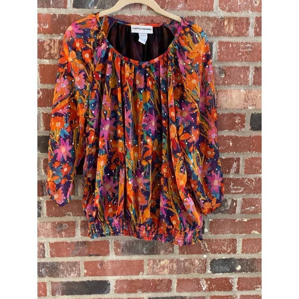 CATHY DANIELS Women's Plus Size XL Floral Sequin Elastic‎ Waist TOP BLOUSE